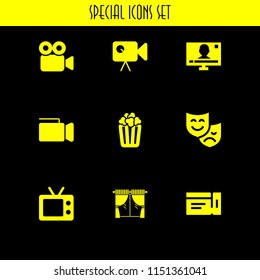 cinema icon. 9 cinema set with ticket, video camera, curtain and theater vector icons for web and mobile app