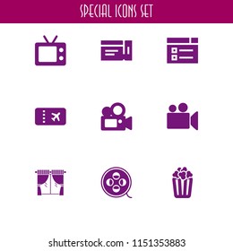 cinema icon. 9 cinema set with video camera, television, ticket and video web vector icons for web and mobile app