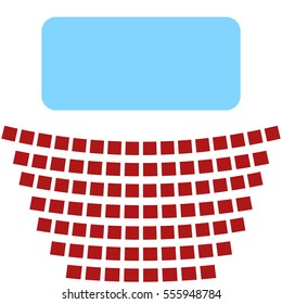 Cinema icon, a blue screen and rows of seats in the theater