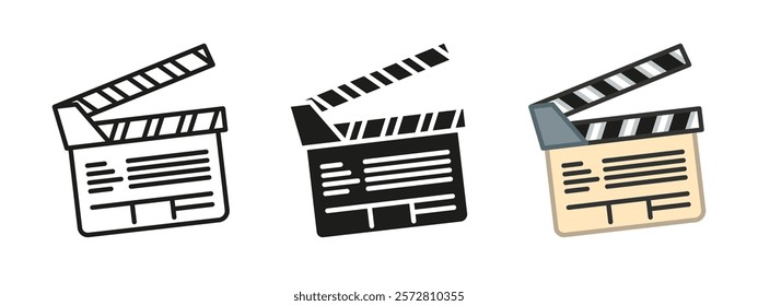 Cinema icon. Clapper board vector illustration. Movie director symbol. Action film scene sign. Clapboard producer cut gesture pictogram. Cinematography production slate isolated concept.