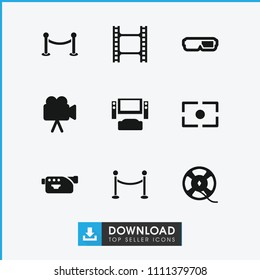 Cinema icon. collection of 9 cinema filled icons such as tv system, 3d glasses, camera, film tape, camera focus, fence. editable cinema icons for web and mobile.