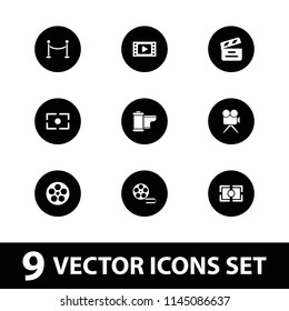 Cinema icon. collection of 9 cinema filled icons such as movie tape, movie clapper, camera tape, camera focus, red carpet barrier. editable cinema icons for web and mobile.