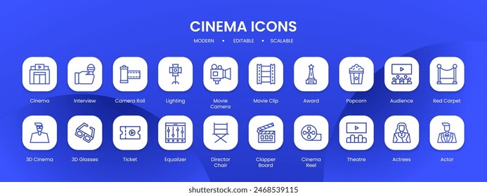 Cinema icon collection with black filled line outline style. set, cinema, movie, entertainment, symbol, camera, collection. Vector Illustration