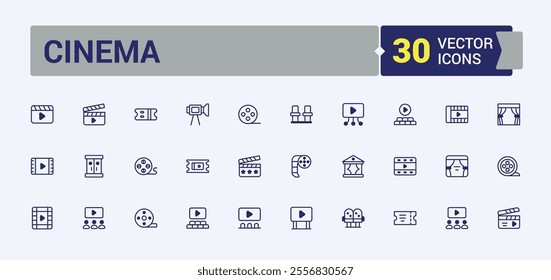 Cinema icon collection. Contains such icons as composition, motion, cinematography, theater, filmmaker and more. Set of line pictogram. Solid line editable stroke. Vector line and solid icons.