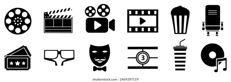 Colección de iconos de cine. Conjunto de iconos de película. Vector