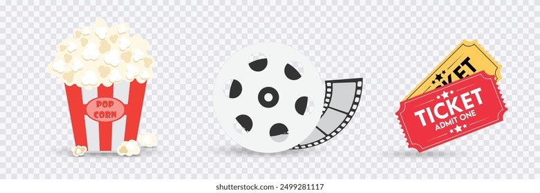 Cinema icon collection, Pop corn icon, Film reel movie icon, Ticket admit one in transparent background