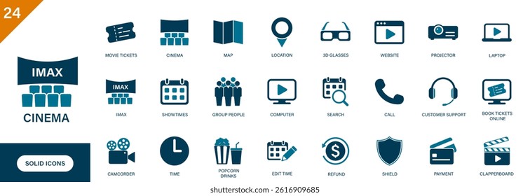 Cinema icon. Containing movie tickets, IMAX theater, 3d glasses, popcorn, contact, payment. Solid vector icon set.