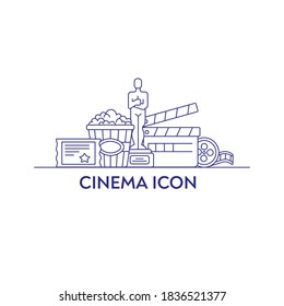 Cinema icon. Entertainment attributes isolated on white background. Ticket, movie, popcorn and clapper elements.