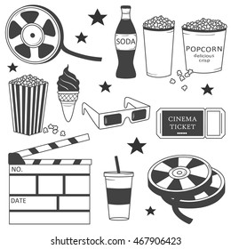 Cinema icon and entertainment icon set vector. Big collection of sketch objects. Doodle illustration