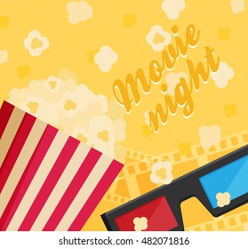  Cinema icon in flat design style. Movie night text. Vector illustration