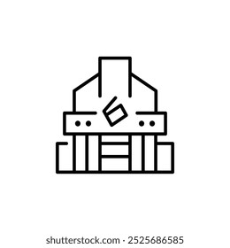 Cinema icon. Minimalistic line art of a cinema building with a film clapper symbol. Perfect for projects related to film, entertainment, and movie theaters. Vector illustration