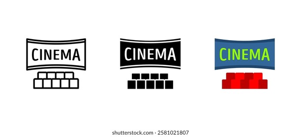 Cinema icon. Movie screen and auditorium sign. Film theater seating symbol. Entertainment and projection pictogram. Modern widescreen illustration.