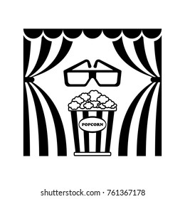 Cinema icon. Popcorn and 3d glasses flat vector cartoon illustration. Objects isolated on a whited background.