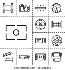 Cinema icon. set of 13 outline cinemaicons such as fence, ticket, movie clapper, movie tape, camera focus, camera, camera tape, tv system