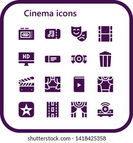 cinema icon set. 16 filled cinema icons.  Simple modern icons about  - Recorder, Ticket, Theatre, Movie, Hd, Projector, Popcorn, Clapperboard, Scene, Video, Theater, Strip