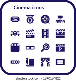 cinema icon set. 16 filled cinema icons.  Simple modern icons such as: Ticket, Reel, Film reel, Cinema, Projector, Clapperboard, Strip, Stage, Video, 3d glasses, Multimedia, Clapper