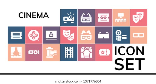 cinema icon set. 19 filled cinema icons.  Simple modern icons about  - Projector, Ticket, Stage, Film, Strip, Theater, Film reel, Video, Theatre, 3d glasses, Camcorder, Cinema
