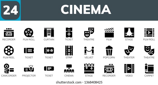 cinema icon set. 24 filled cinema icons.  Simple modern icons about  - Recorder, Film roll, Curtain, Ticket, Theatre, Film, Stage, Film reel, Strip, Velvet, Popcorn, Theater, Camcorder