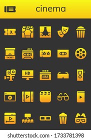 cinema icon set. 26 filled cinema icons. Included Ticket, Theater, Stage, Popcorn, Ticket office, Recorder, Vhs, Film reel, Gopro, Hd, 3d glasses, Video, Youtube, Cinema icons