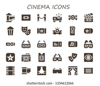 cinema icon set. 30 filled cinema icons.  Simple modern icons about  - Film, Vhs, Velvet, Projector, Clapperboard, Popcorn, Theatre, Ticket, Recorder, 3d glasses, Movie, Theater