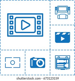 Cinema icon. set of 6 cinema filled and outline icons such as camera, camera focus, clapper board, tv system