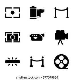 cinema icon. Set of 9 cinema filled icons such as Red carpet barrier, movie tape, camera, camera tape, camera focus