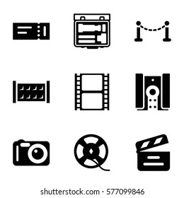 cinema icon. Set of 9 cinema filled icons such as fence, ticket, movie clapper, movie tape, film tape