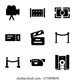 cinema icon. Set of 9 cinema filled icons such as fence, ticket, Red carpet barrier, movie clapper, camera, camera focus