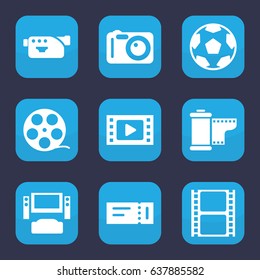 Cinema icon. set of 9 filled cinema icons such as ticket, movie tape, camera 