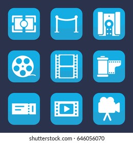 Cinema icon. set of 9 filled cinema icons such as ticket, red carpet barrier, movie tape, camera, camera tape