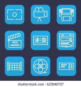 Cinema icon. set of 9 outline cinema icons such as fence, ticket, movie clapper, movie tape, camera, camera focus, film tape