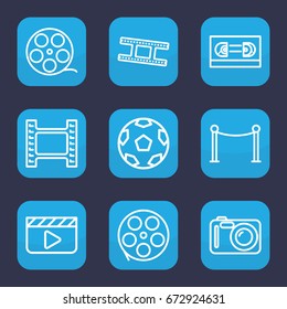 Cinema icon. set of 9 outline cinema icons such as red carpet barrier, camera, film tape, movie tape