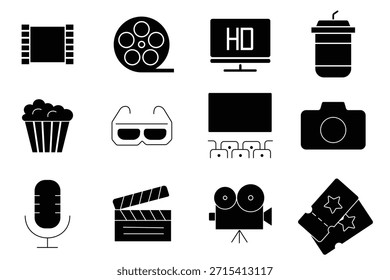 Cinema icon set. Icon with camera, clapperboard, ticket, popcorn, play, tv, goggles, entertainment, film, movie, theater, screen, movie and more. Vector illustration.