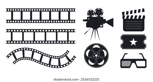 Cinema icon set. Camera, ticket, film strip, 3D glasses, clapperboard, and film reel. Vector illustration