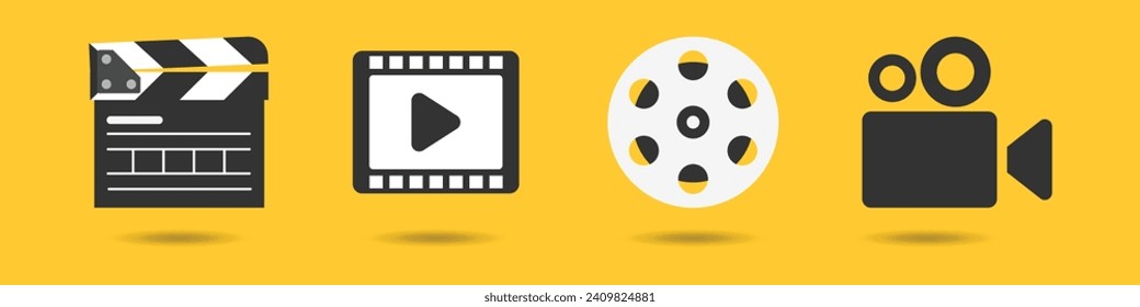 Juego de iconos de cine, tablero de cierre, película de película y vídeo o línea de producción de películas Iconos vectores sobre fondo amarillo