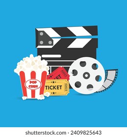 Cinema icon set, Clapper board, Ticket Admit one, popcorn, Film reel movie and video media or film production line collections icons on blue background