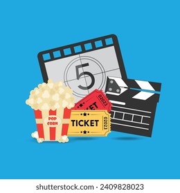 Cinema icon set, Clapper board, Ticket Admit one, popcorn, Film reel movie and video media or film production line Vector icons on blue background