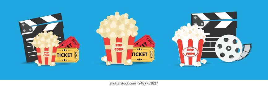 Cinema icon set, Clapper board, Ticket Admit one, popcorn, Film reel movie and video media or film production line collections icons on blue background	