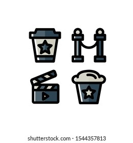 Cinema icon set with Clapperboard, Barrier, Soft Drink and popcorn, Vector illustrations.