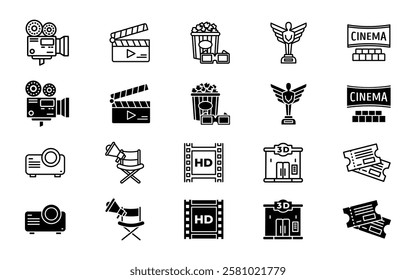 Cinema icon set. Clapperboard, projector, and camera sign. Popcorn with 3D glasses, tickets, and HD screen symbol. Director chair, award statue, and theater pictogram. Movie festival illustration.