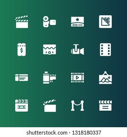 cinema icon set. Collection of 16 filled cinema icons included Clapperboard, Red carpet, Art, Film, Film strip, Ticket, Projector, Video, Media encoder, Camcorder