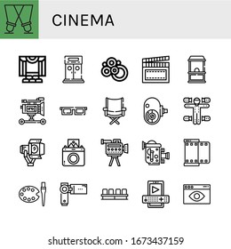 cinema icon set. Collection of Spotlight, Theater, Entrance, Carpet, Clapperboard, Ticket office, Film camera, d glasses, Directors chair, Amateur camera, Motion capture icons