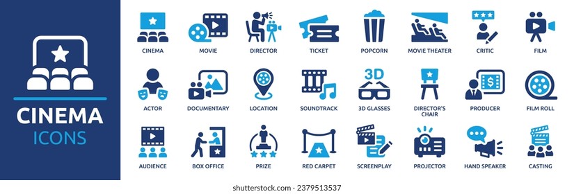 Cinema icon set. Containing movie, ticket, film, actor, popcorn, casting, director, soundtrack and producer. Vector solid icons illustration collection.