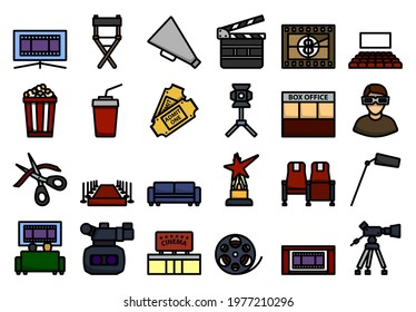 Cinema Icon Set. Editable Bold Outline With Color Fill Design. Vector Illustration.