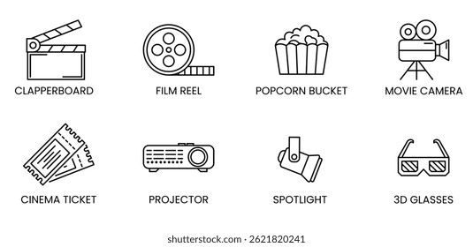 Cinema icon set featuring film reel, popcorn bucket, movie camera, ticket, spotlight and 3D glasses, perfect for movie theater designs, film festival promotions and entertainment industry projects.