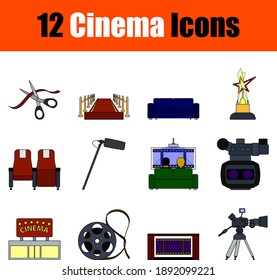 Cinema Icon Set. Flat Color Outline Design With Editable Stroke. Vector Illustration.