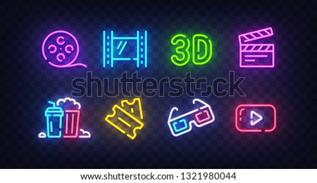 Cinema icon set isolated. Movie neon sign. Film, Popcorn, 3D glasses, Tickets, 4k film and Play icon. Vector Illustration