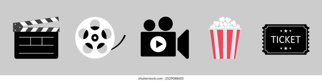 Cinema icon set isolated. Popcorn box, open clapper board, ticket admit one and video camera logo icon. Film making icon. Flat design. Vector illustration.