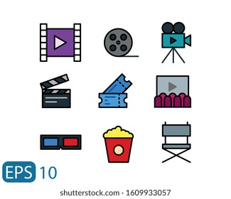 Cinema icon set isolated vector illustration on white background, cinema filled line style icon. EPS 10