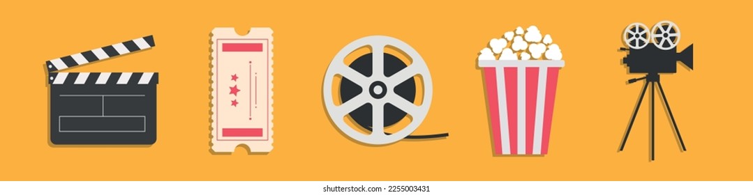 Cinema icon set line. Popcorn box package Big movie reel. Open clapper board. Ticket Admit one. Three star. Flat design style. Yellow background. Isolated. Vector 10 EPS.